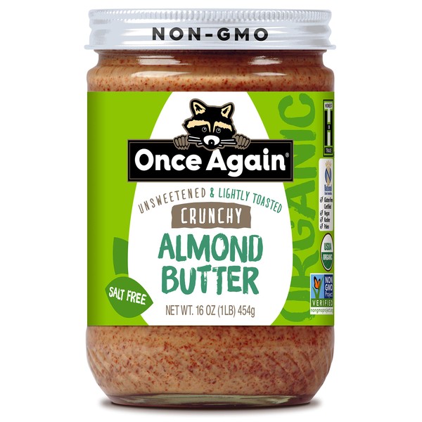 Once Again Organic Crunchy Almond Butter, 16oz - Lightly Toasted - Salt Free, Unsweetened - USDA Organic, Gluten Free Certified, Peanut Free, Vegan, Kosher, Paleo - Glass Jar