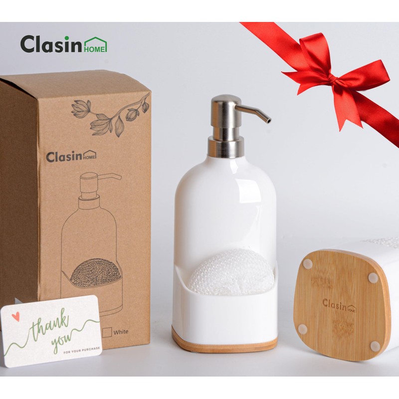 Clasin Home Kitchen Soap Dispenser with Sponge Holder, Refillable Acrylic