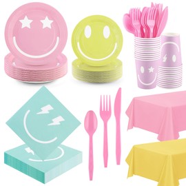 Kochorie 254 Pcs Preppy Smile Face Party Supplies Pastel Tableware Set