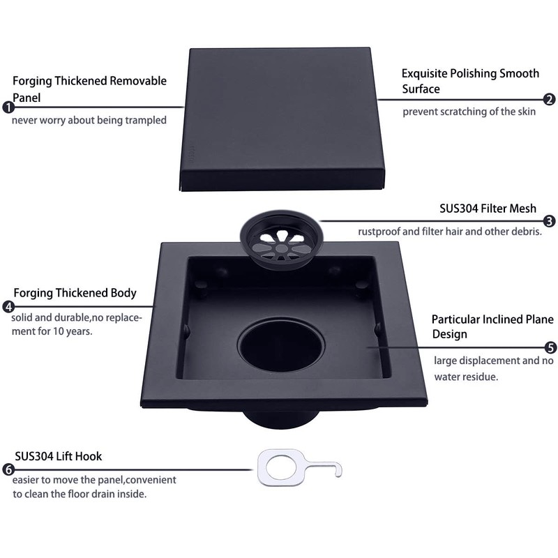RANDOM Black Shower Drain Square with Removable Tile Insert 6
