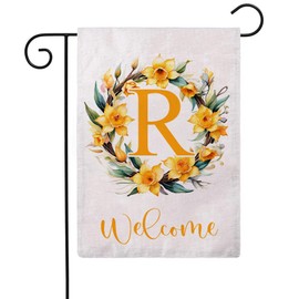 Letter R Garden Flag with Flowers Wreath Double Sided Print Spring Summer Welcome Garden Flags Outdoor House Yard Flags 12.5 x 18 Inch Seasonal Porch Lawn Decor (Yellow)