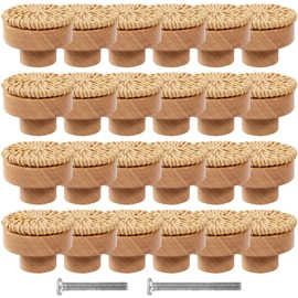 ANPHSIN 24 Pack Boho Rattan Cabinet Dresser Knobs- Durable Beech Wood Drawer Knobs, Decorative Handmade Wicker Woven Pulls Handles with 48 Screws for Home Furniture