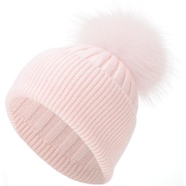 Pink Cashmere Beanie Hat for Women Winter Ribbed Knit Cuffed Beanie Skull Cap Hat with Real Fur Pom Pom Beanie Knit Ski Hat