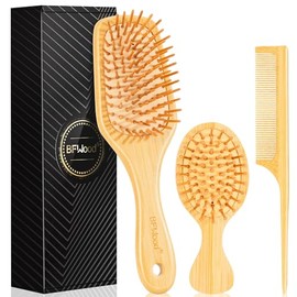 BFWood Juego de cepillos de pelo de bambú, 3 piezas de peines de madera natural, cepillo desenredante de pala, peine de cola de rata viajera y mini ce