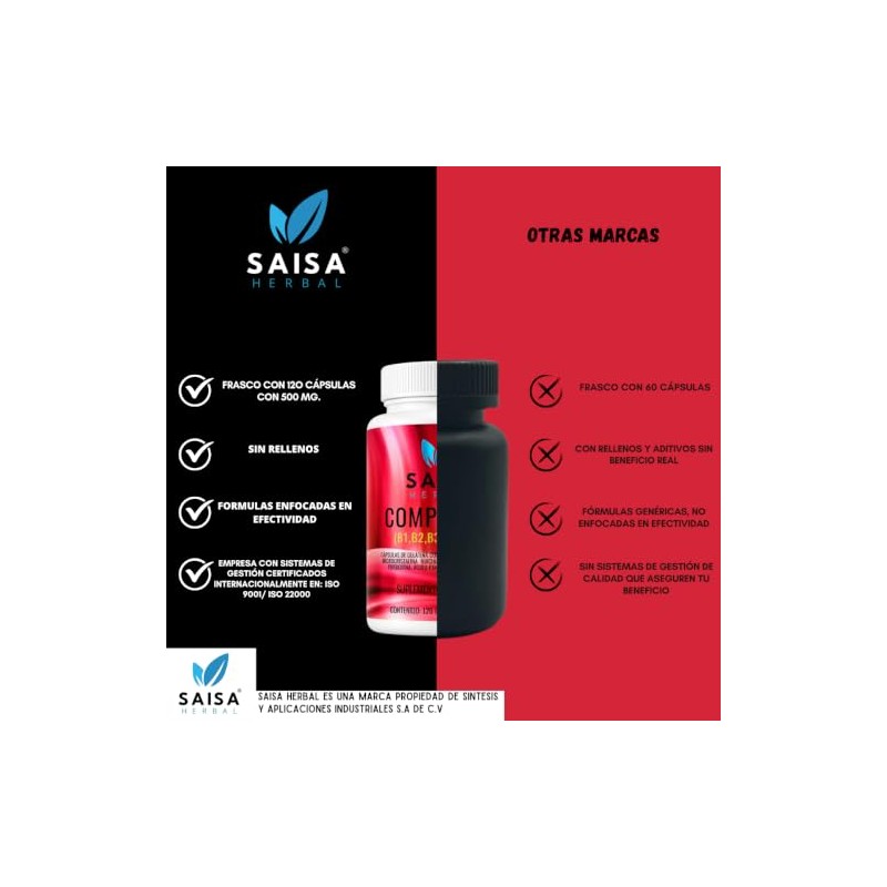 Complejo B 120 Cápsulas de 500 mg Vitaminas (B1+B2+B3+B5+B6+B9) SAISA