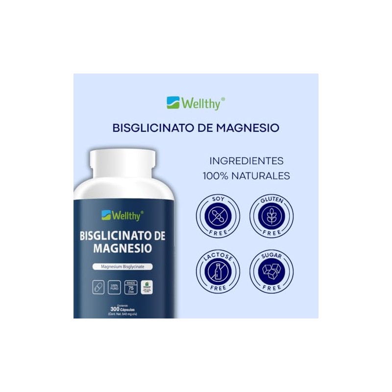 Wellthy Bisglicinato Magnesio 300 Cápsulas 432mg 100 Natural Alta Absorción