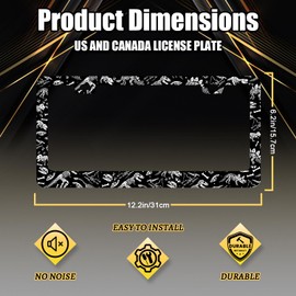 Black and White Dinosaur Bones License Plate Frame Animal Skull License Plate Holder Funny Auto Parts Stainless Steel Universal Cars Decoration for Men Women 12.2" x 6.2"