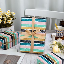 Flyhill Foil Love You Wrapping Paper Roll with Colorful Stripes,Golden Letterings Design for Birthday,Wedding,Baby Shower,Party,Christmas-17in X 33ft (46.8sqft)