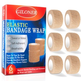Giloner First Aid Tape 1 Inch 6Pcs Strong Elasticity Skin Color Self Adhesive Bandage Wrap,Bandage Tape Roll Use for Wrist,Ankle Sprains& Swelling Caused by Sports