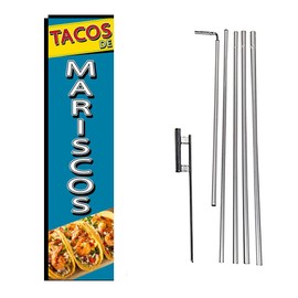 TACOS DE MARISCOS Seafood Spanish Rectangle Feather Banner Flag with 15FT Pole Kit and Ground Stake – Outdoor Advertising Swooper Flag Sign for Food Trucks, Restaurants, Street Vendors