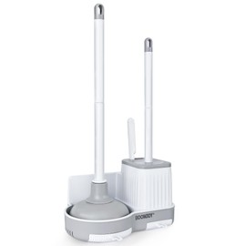 BOOMJOY Toilet Brush and Plunger Set with Crevice Cleaning Brush, White Plunger and Brush Combo with Hidden Holder, Bathroom Plunger and Toilet Bowl Brush Set Heavy Duty