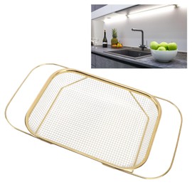 Lwuey Over the Sink Colander, Expandable Baskets with Fine Mesh Strainer Handle Stainless Steel Rectangle Kitchen Colanders for Strain Drain Rinse Fruits Vegetables Pasta New Home Essentials (Gold)