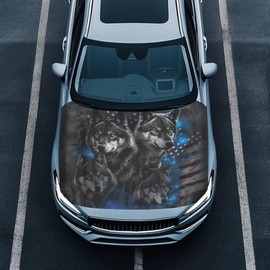 American Flag Wolf Prints Car Hood Cover Elastic Polyester Car Hood Protector Waterproof Automotive Exterior Accessories for Most Cars Sedans Trucks Pickup Sports Cars