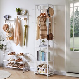 IBUYKE Coat Rack with Shelves, Freestanding Hall Tree with 3 Shelves and 8 Hooks, Industrial Clothes Stand for Entryway, Hallway, Bedroom, White UTMJ088W