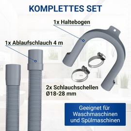 VIOKS Flexible Washing Machine Drain Hose 4 m 19/22 mm Diameter with 2 x Hose Clamps Stainless Steel 18-28 mm Diameter – Waste Water Hose Dishwasher with Hose Clips Set & Drain Hoses for Washing