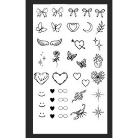Sheet of 38 Mixed Hypoallergenic Temporary Temporary Tattoos, Roses, Stars, Infinity, Laurel, Bows, Hearts, Butterflies...
