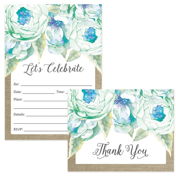 Any Occasion Invitations & Matching Thank You Notes Set with Envelopes ( 25 of Each ) Lovely Blue Flower Blooms Birthday Party Bridal Shower Fill-in-Style Invites & Folded Thank You Cards Great Value