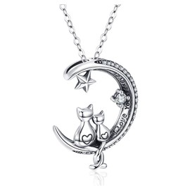 Odinstone Cat Necklace, 925 Sterling Silver, Crystal/Moonstone Pendant, Cat Chain for Girls, Moon Cat Jewellery, Gift for Women, Sterling Silver, Zircon