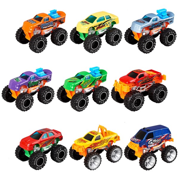 Golden Wheel Monster Trucks 1:64 Scale Die-Cast: 9 Pack Toy Car Vehicles for Kids Ages 3+ Years - Hot Toys Birthday Party Great Ideal Gifts