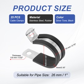 PATIKIL 26mm (1") Cable Clamps, 25 Pcs Rubber Coated Cushioned Pipe Clamps 304 Stainless Steel Insulated Wire Clamp for Tube Pipe Wire Cord Installation, Black
