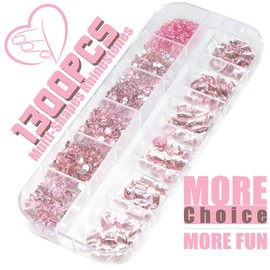 qiipii 1300Pcs Pink Nail Rhinestones Light Pink Rhinestones for Nails 60 Multi Shapes Big Gems +1240 Flatback Round Beads K9 Glass Crystals Diamonds Jewels Nail Charms Nail Art for Nails Faces Makeup