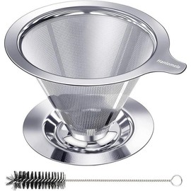 Pour-over coffee dripper, paperless reusable coffee filter, pour-over coffee maker for single-cup brewing, stainless steel cone filter with dual mesh design