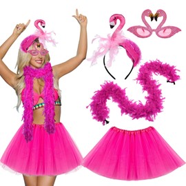 Ycaaeo Flamingo Costume Women, Flamingo Accessories Costume with Pink Tulle Skirt Tutu Skirt, Flamingo Headband, Feather Boa Pink Flamingo Glasses for Hawaii Carnival Fancy Dress Summer Party