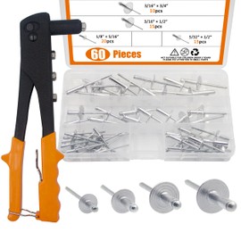 ISPINNER 60pcs Large Flange Aluminum Blind Rivets Assortment Kit with Heavy Duty Hand Riveter Rivet Gun Tool 1/8" 5/32" 3/16" Pop Rivets