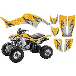 AMR Racing ATV Graphics Kit: Quad Stickers for Honda TRX 400EX (1999-2007), Featuring Tribal Flame Design in Yellow & Silver, Transform Your Ride with New ATV Stickers!