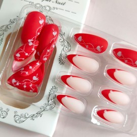Valentines Press on Nails Red French Tip Fake Nails with Heart Stripe Designs Medium Almond False Nails Red Matte Full Cover Glue on Nails Reusable Stick on Nails for Women Girls 24 Pcs