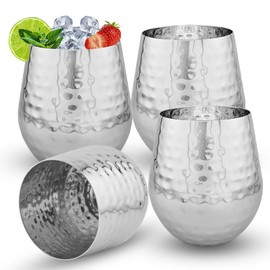 American Ayurveda Durable Heavy-Gauge 16.9oz (500ml) Stainless Steel Metal Mugs Cups Tumbler Drinking Glasses – Premium Grade, Single Wall, Food Grade, Set of 4 (Hammered High Polish)