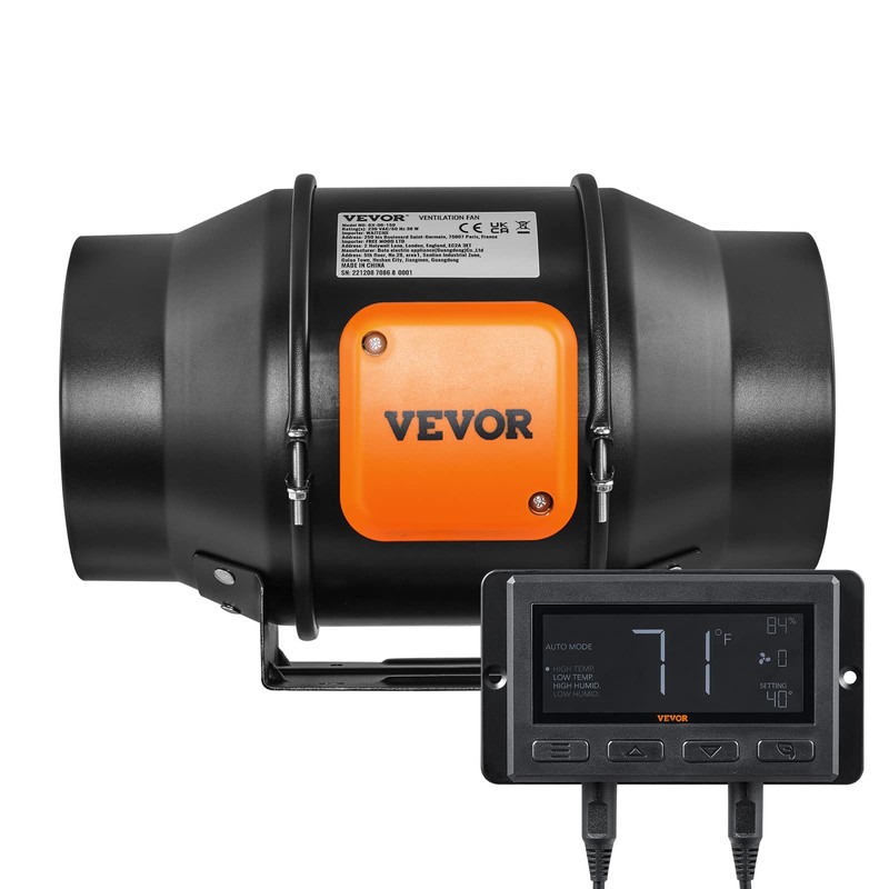 VEVOR Inline Duct Fan, 6-Inch 402 CFM with Temperature Humidity