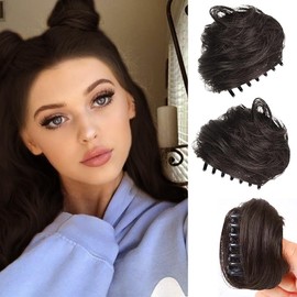 RPAEOY 2PCS Claw Clip in Hair Bun Cat Ears Mini Messy Hair Bun Extension Synthetic Donut Updo Bun Hair Pieces for Women Girls Wig Accessory (Brown Black)