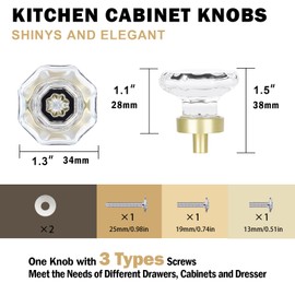 HIEMEY Gold Crystal Glass Cabinet Knobs, Satin Brass Pulls and Knobs for Cabinet Dresser Drawer(16Pcs,Octagon)
