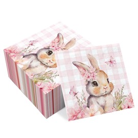 50Pcs Bunny Easter Paper Napkins, 3 Ply - 6.5 x 6.5 Inch, Pink Floral Butterfly Bunny Design, Disposable Rabbit Napkins for Spring Holiday, Easter Dinner Party & Baby Shower, Cute Bathroom Hand Towels