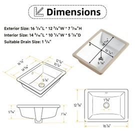 16"W x 12"D Undermount Bathroom Sink Rectangular Small, Los Flexi 16 Inch White Ceramic Vanity Sink With Overflow Hole, Under Counter Sinks For Bathrooms