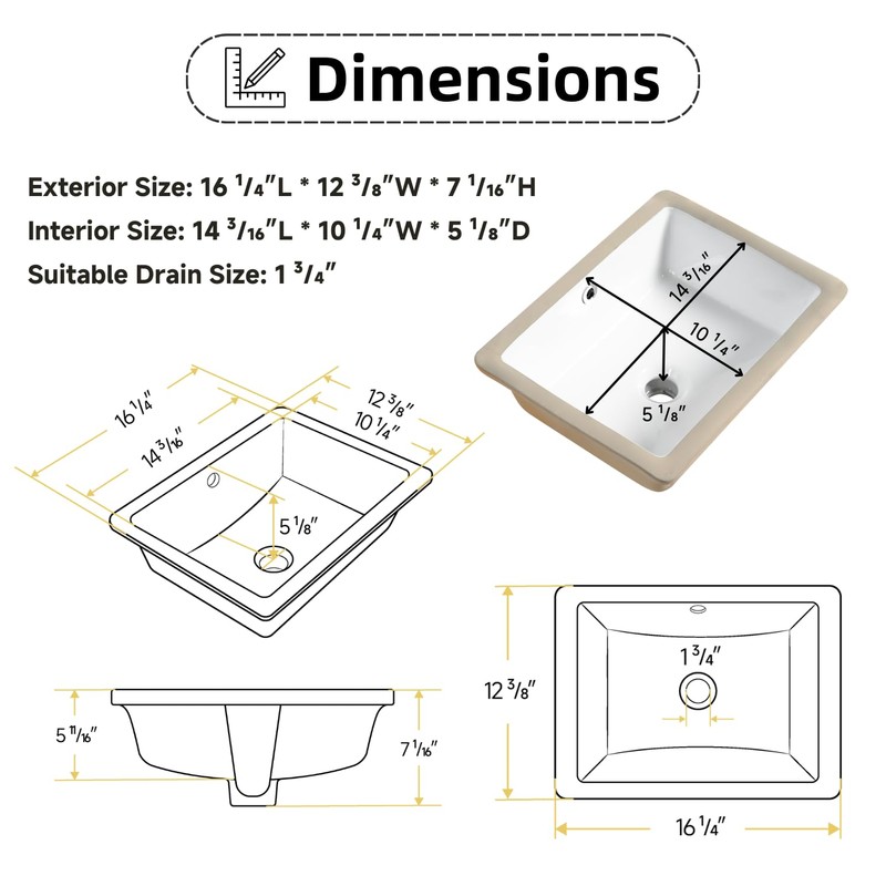 16"W x 12"D Undermount Bathroom Sink Rectangular Small, Los Flexi