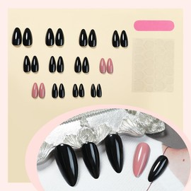 LOPMNGHT Press on Nails Medium Length Almond Shaped False Nails Solid Colors Full Cover Coffin Nails Black Artificial Stick on Nails Glossy Glue on Nails for Women Winter DIY Manicure Kit 24Pcs