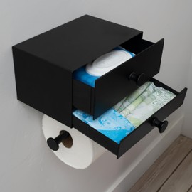Modern Toilet Paper Holder with Storage Drawers - Toilet Paper and Wipes Holder for Bathroom - Aluminum TP Holder with Shelf and Drawers - Adhesive or Wall Screw Mounting - (Black/Black Knobs)