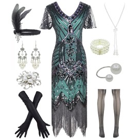 Women 1920s Gatsby Vintage Sequin Flapper Fringe Party Plus Dress with 20s Accessories Set, Styele Flower Black Green, Large