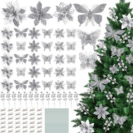Thiccywoov 122 Pcs Christmas Glitter Poinsettia Artificial Flowers Berry Picks Butterfly Christmas Tree Ornaments 3 Styles Poinsettia kit with Clip for Xmas Wreath Home Tree Decor(Silver)