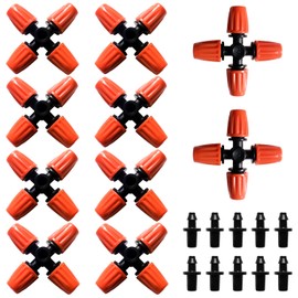 VooGenzek 10 PCS 4-Way Atomizing Nozzle, Plastic Cross Irrigation Nozzle, Gardening Greenhouse Atomizing Micro Nozzle, Cross Irrigation Sprinkler Nozzle with Barbed Connector, for Garden, Orange