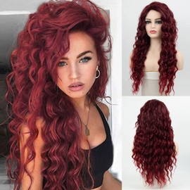 Fencca Burgundy Long Curly Wigs for Women Heat Synthetic Wig Wine Red Wavy Long Curly Hair Wig