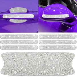 10 pcs Bling Diamond Car Door Handle Stickers, Bling Car Accessories for Women, Universal Rhinestone Crystal Glitter Door Handle Protector Stickers and Decals, Scratch Safety Reflective (Silver)