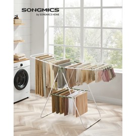 SONGMICS Clothes Drying Rack, with Sock Clips, Metal Laundry Rack, Foldable, Space-Saving, Free-Standing Airer, with 2 Height-Adjustable Gullwings, Indoor Outdoor Use, White and Green ULLR052C01