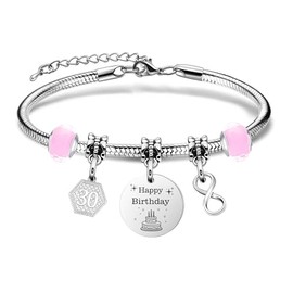 Yumioxa Women's Birthday Bracelets Celebrate with Dainty Infinity Pendant Silver Color Bracelets-Perfect Women's Gift for 7th-60th,Cut Beads Exquisite Pink Romantic Women Jewelry (30th)
