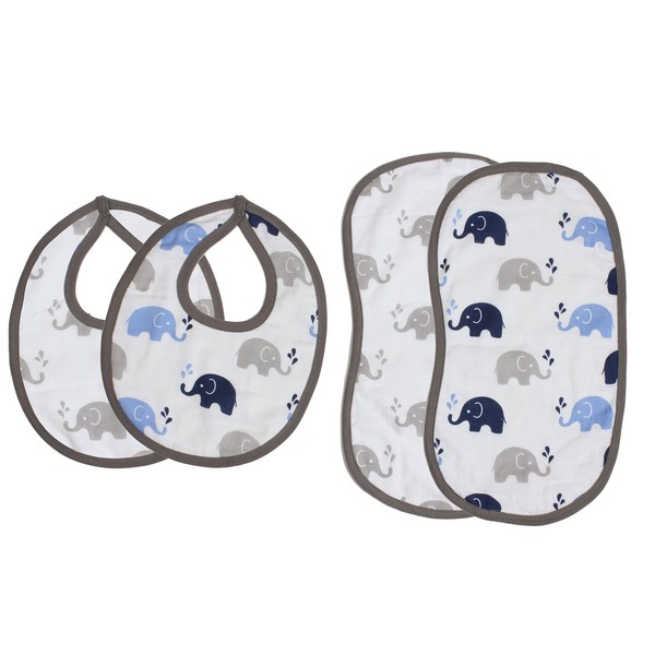 Bacati Elephants - Juego de baberos (muselina, 4 unidades), color azul y gris