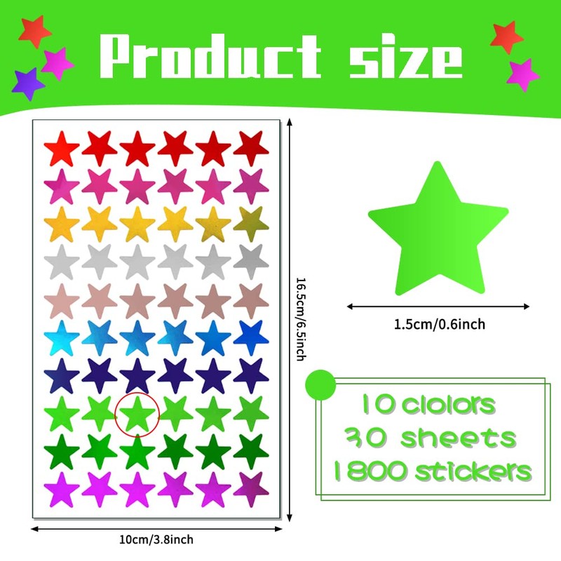 10 Colors，1800 Pack，Foil Star Metallic Stickers.0.6" Diameter.