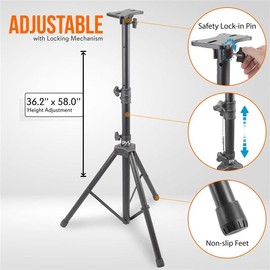 Pyle Mount Holder Heavy Duty Rubber Capped Tripod, Adjustable Height from 36.2 x 58.0 inches, Locking Safety PIN and 35mm Compatible Insert, On-Stage or In-Studio Use - PSTND1