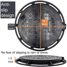 MASSLUNT 20 In Cast Iron Manhole Cover and Frame for 18" Corrugated Pipe, B Class 28100 lbs Heavy-Duty Driveway Septic Tank Lid with Base, Round Black Anti-Slip Inspection Well Cover (True 19.7" ID)